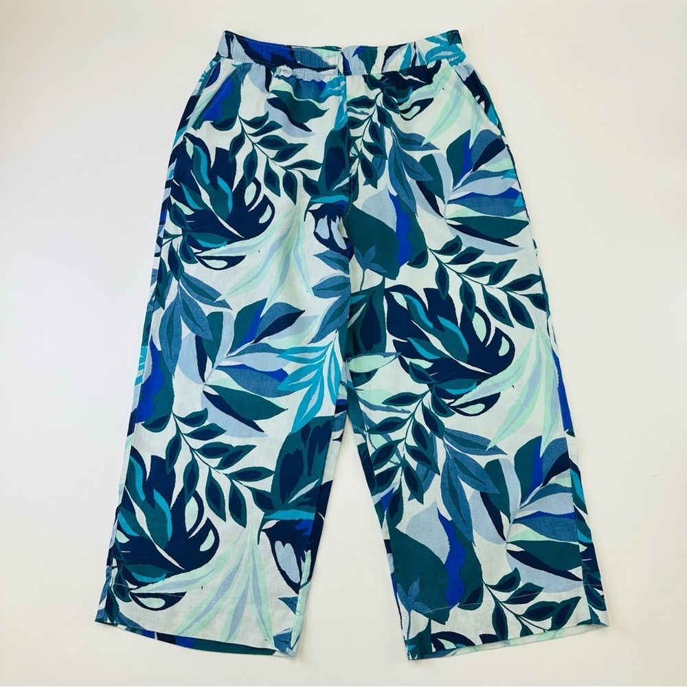 Linen wide leg crop pant Wonens XL tropical blue turquoise print pull on pant